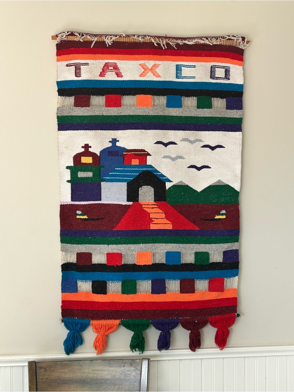 VTG Mexican Handwoven Wool Wall Hanging Taxco Folk Art  Southwest Boho Tapestry